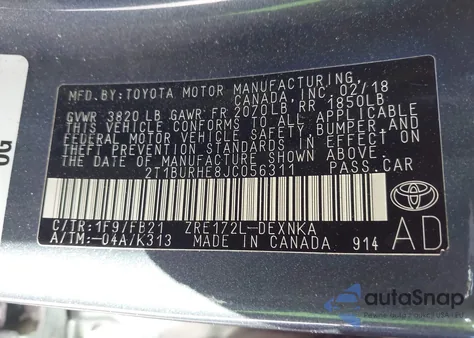 2018 Toyota Corolla Le z USA, uszkodzony, nr VIN 2T1BURHE8JC056311